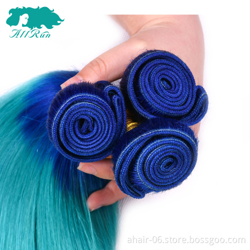 virgin remy color hair bundles, 3 tone blue/green/yellow human hair extension